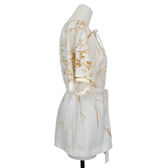 Vintage Nani of Hawaii Botanical Print Tie Waist Blouse Cream Brown Sz Small - Picture 5 of 8